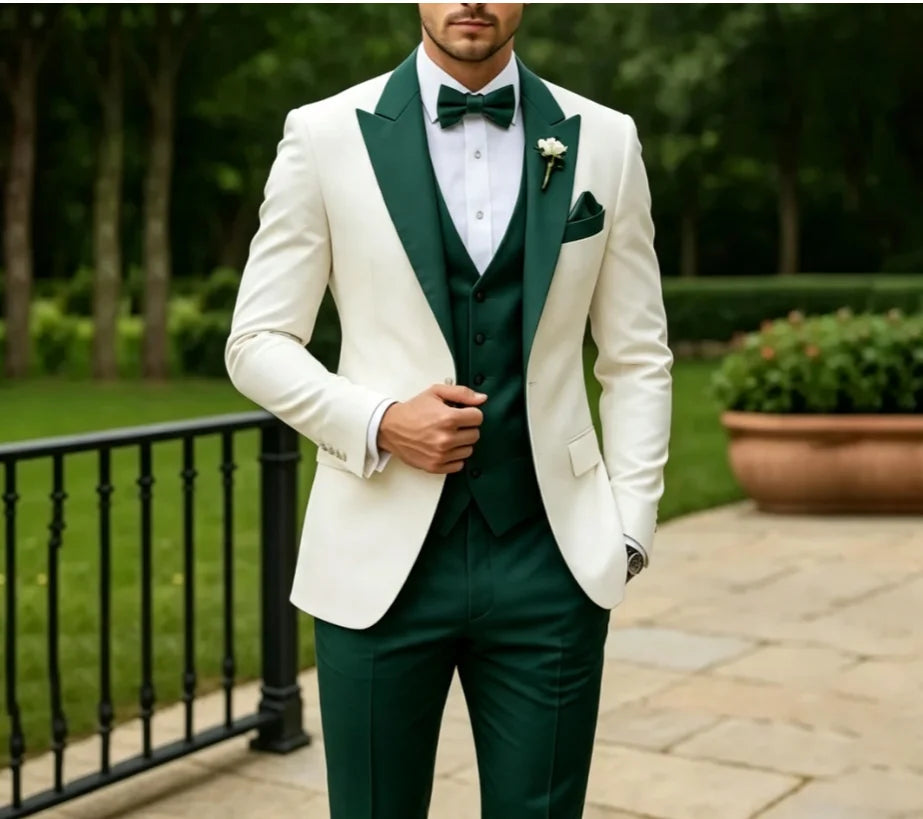 3 Pieces Wedding Tuxedo for Groom Sage Green Slim Fit Formal Men Suits Elegant Blazer Vest Pants Set for Prom Party Ceremony
