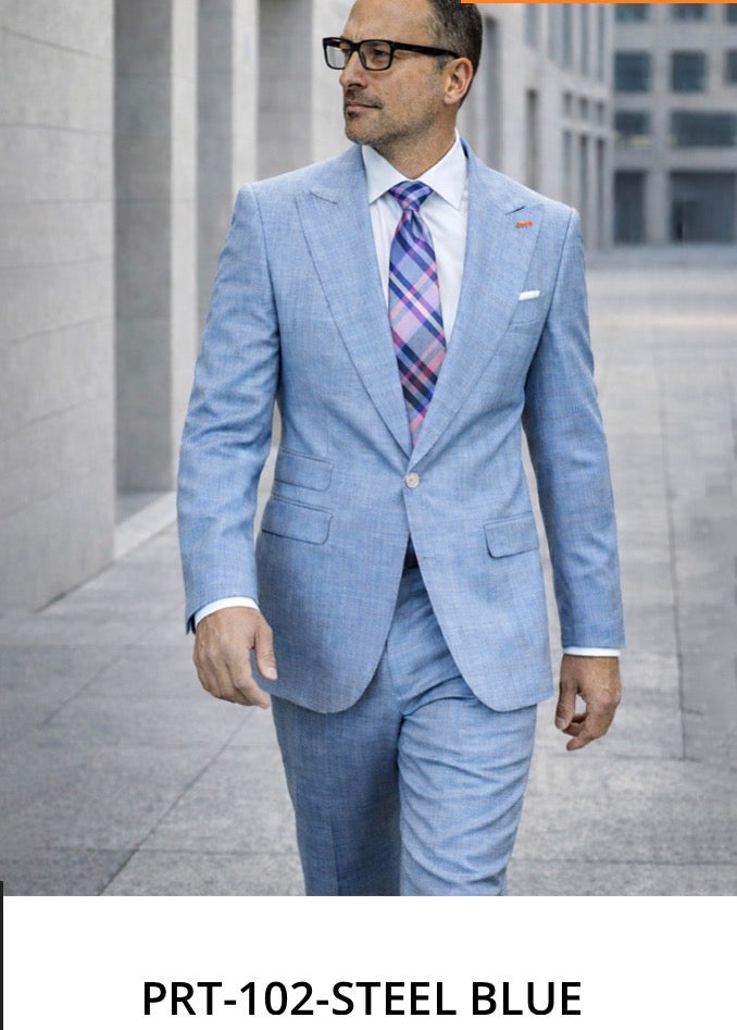 Kensington Steel Blue super 180’s peak, lapel, slim fit suit