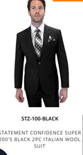 Confidence super 200's (modern fit) Black 2-Piece Italian Wool Suit (Model: STZ-100-BLACK)