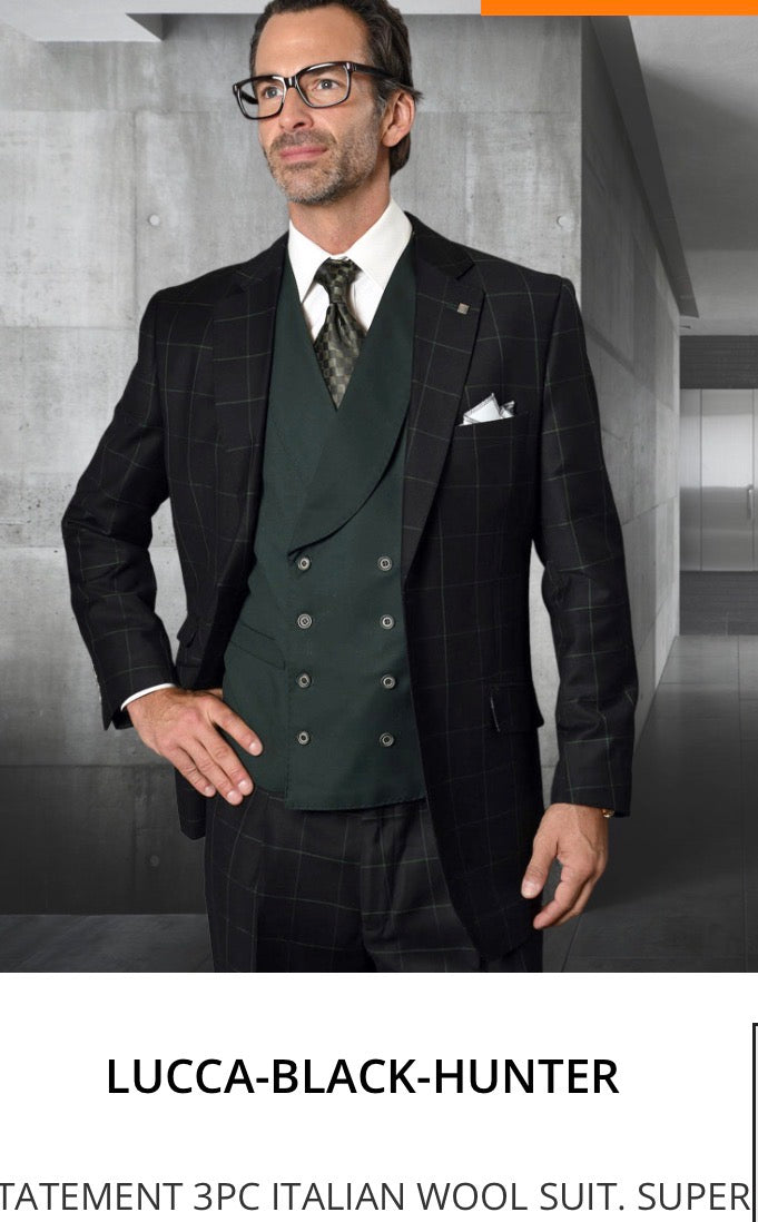 Lucca (Black-Hunter 3-piece Plaid Suit ( Modern Fit Suit)