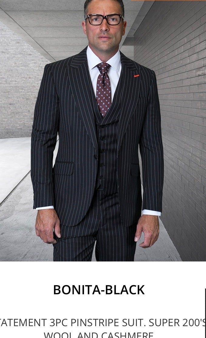 Bonita-Black 3-Piece Pinstripe Suit (Model: BONITA-BLACK).(Modern Fit)