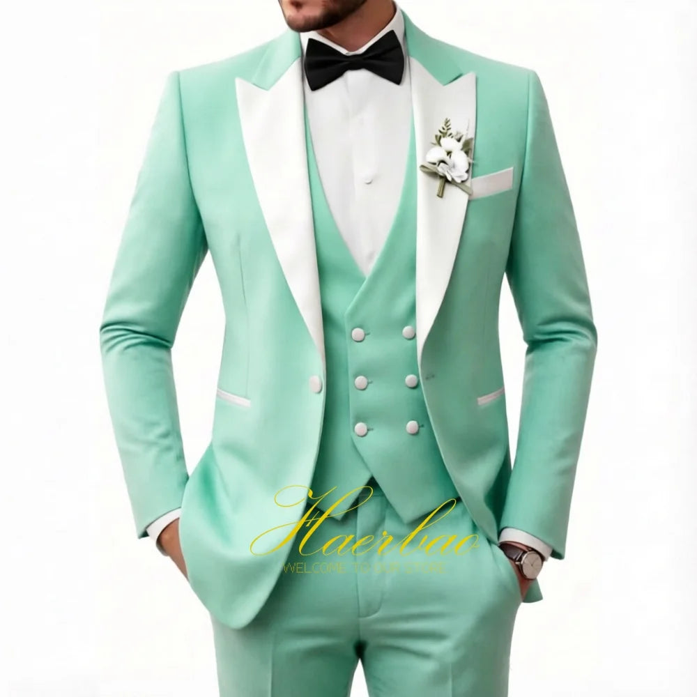 Wedding Tuxedo for Men 3 Piece Suits Slim Fit Double-Breasted Prom Men Tuxedos Satin Peaked Lapel Men's Suits