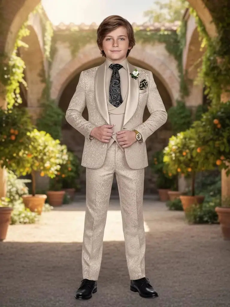 Elegant Boys Wedding Suits Italian Design Champagne Smoking Kids Tuxedo Jacket Vest Pants 3 Piece Party Prom Suits Set For Boy