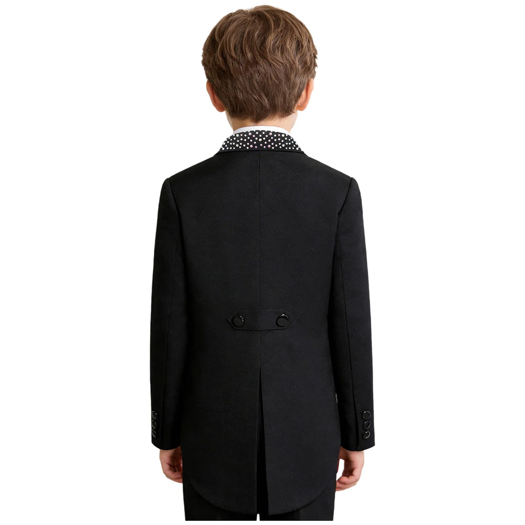 Elegant Boys Tuxedo Tailcoat Lapel Rhinestone Long Sleeve Open Front Blazer Outerwear Jacket Gentleman Formal Party Wedding Suit