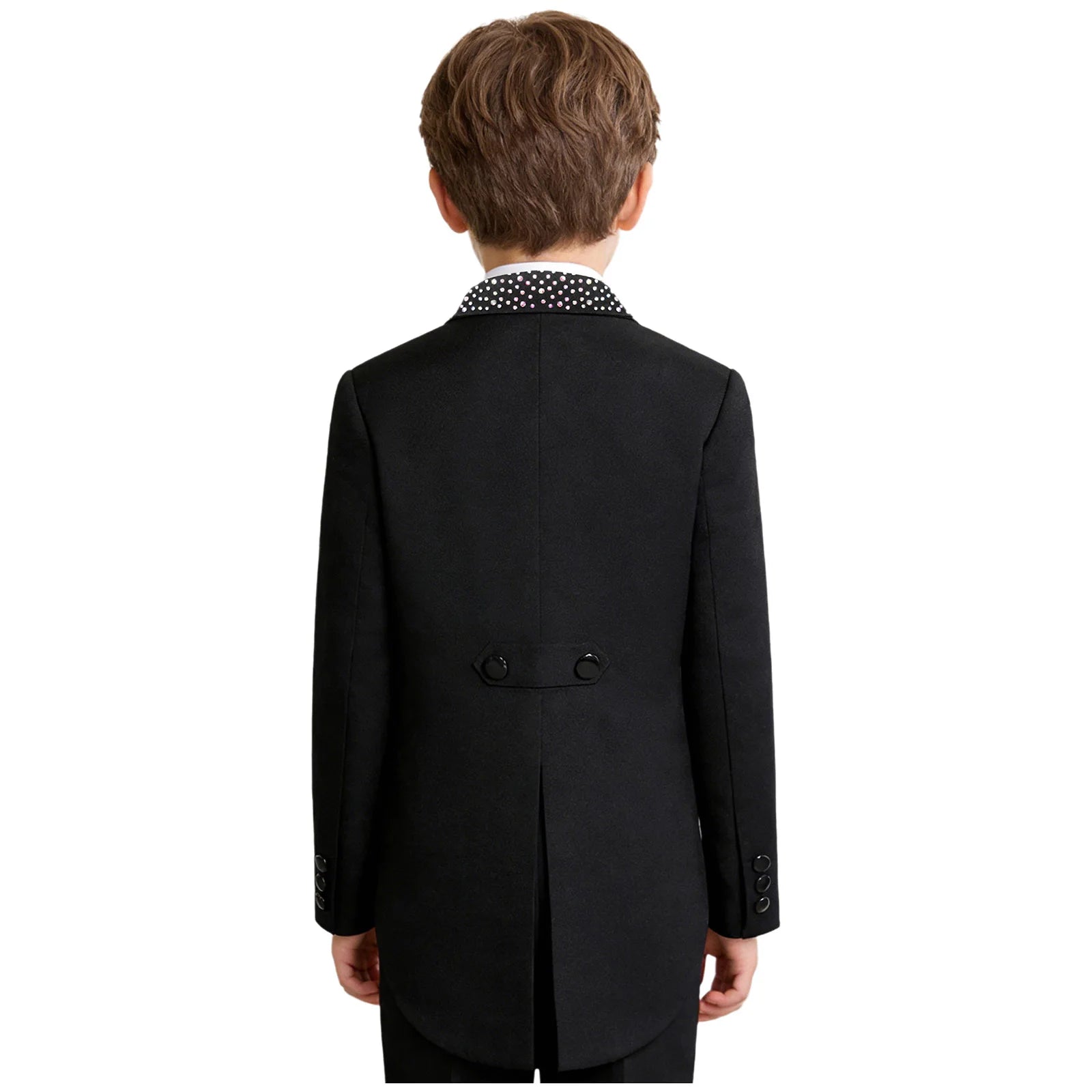 Elegant Boys Tuxedo Tailcoat Lapel Rhinestone Long Sleeve Open Front Blazer Outerwear Jacket Gentleman Formal Party Wedding Suit