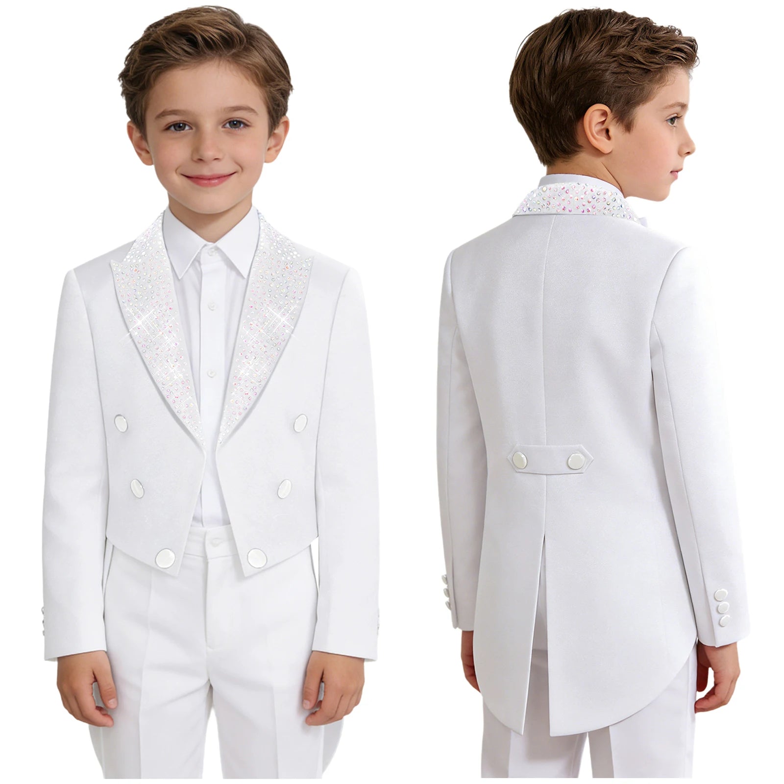 Elegant Boys Tuxedo Tailcoat Lapel Rhinestone Long Sleeve Open Front Blazer Outerwear Jacket Gentleman Formal Party Wedding Suit