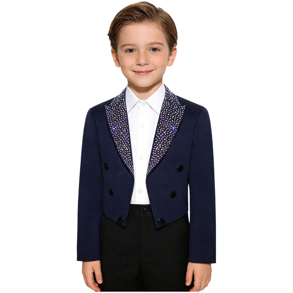 Elegant Boys Tuxedo Tailcoat Lapel Rhinestone Long Sleeve Open Front Blazer Outerwear Jacket Gentleman Formal Party Wedding Suit