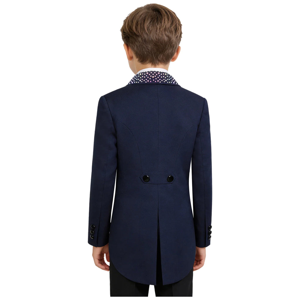 Elegant Boys Tuxedo Tailcoat Lapel Rhinestone Long Sleeve Open Front Blazer Outerwear Jacket Gentleman Formal Party Wedding Suit