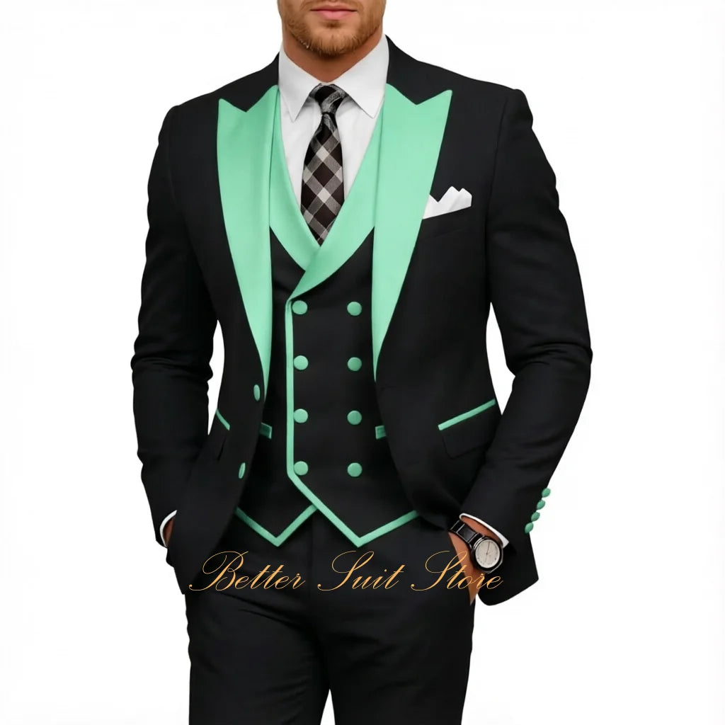 Fashion Men's Tuxedo 3 Piece Slim Fit Peak Lapel Jacket Vest Pants Set Formal Suits for Men Wedding Prom Dinner Men Suits