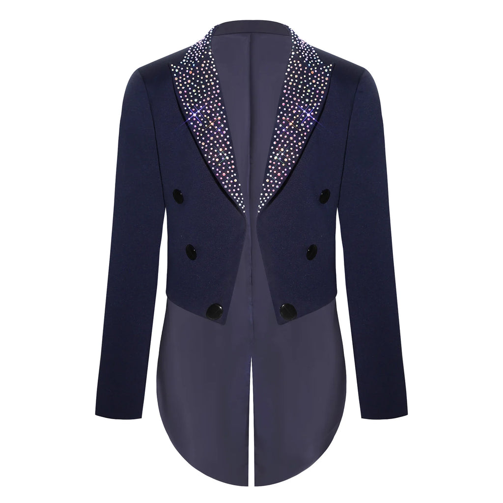 Elegant Boys Tuxedo Tailcoat Lapel Rhinestone Long Sleeve Open Front Blazer Outerwear Jacket Gentleman Formal Party Wedding Suit