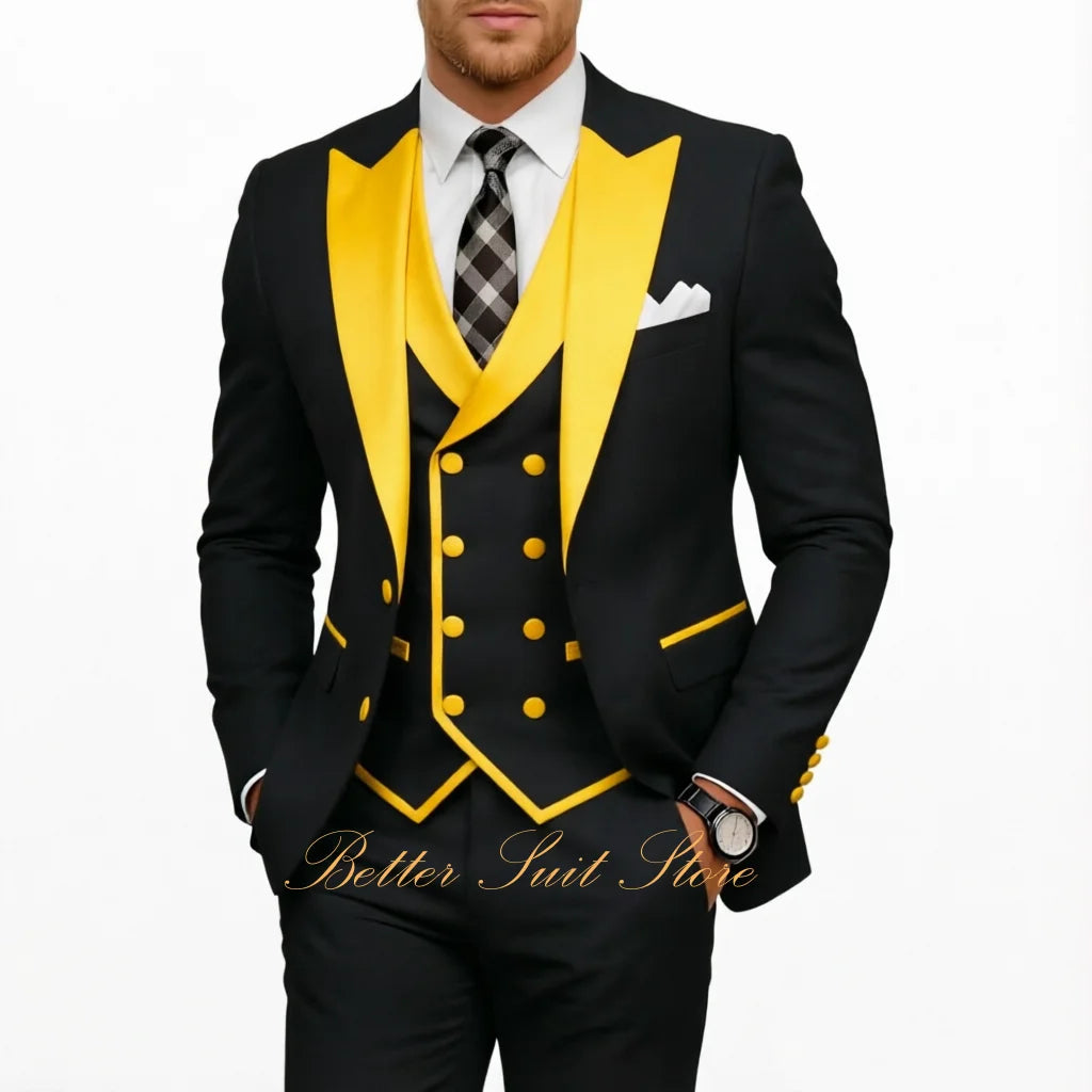 Fashion Men's Tuxedo 3 Piece Slim Fit Peak Lapel Jacket Vest Pants Set Formal Suits for Men Wedding Prom Dinner Men Suits