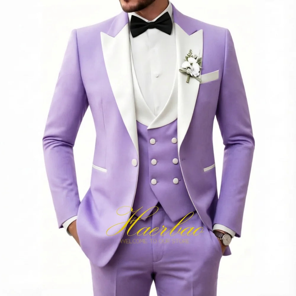 Wedding Tuxedo for Men 3 Piece Suits Slim Fit Double-Breasted Prom Men Tuxedos Satin Peaked Lapel Men's Suits