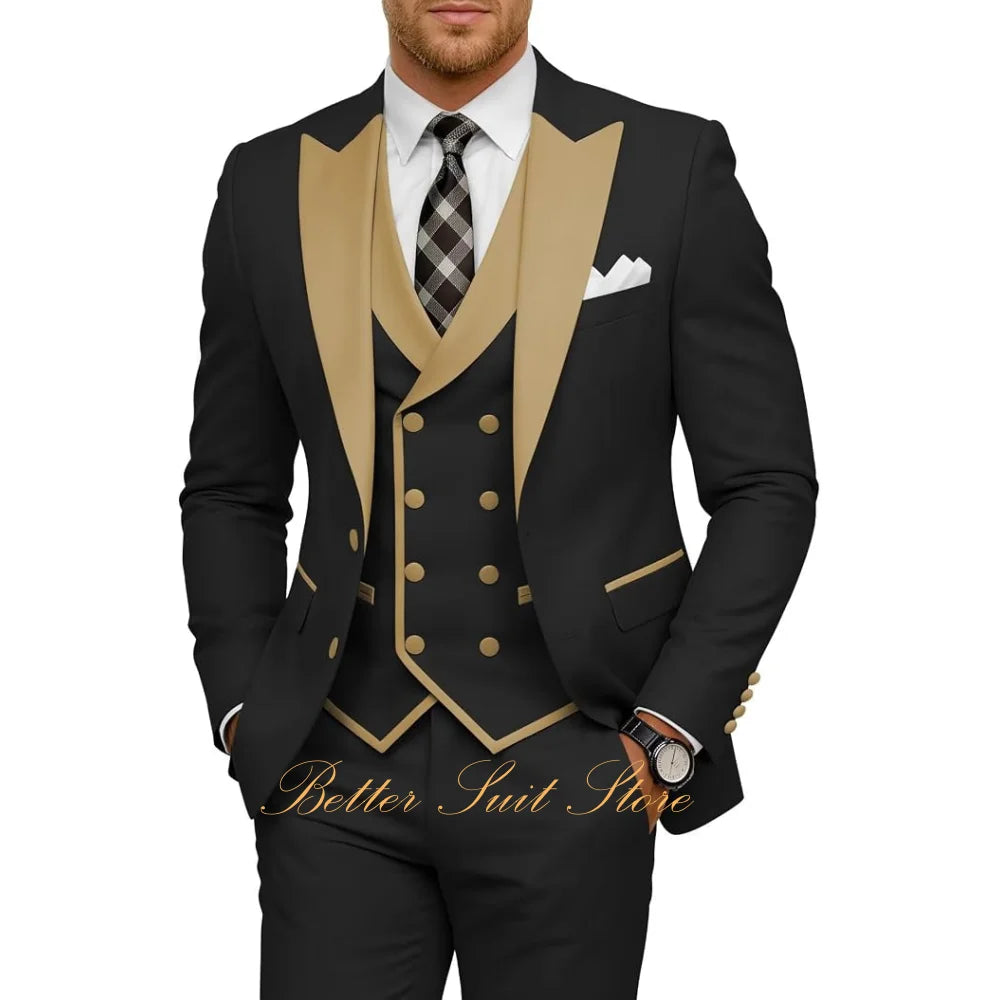 Fashion Men's Tuxedo 3 Piece Slim Fit Peak Lapel Jacket Vest Pants Set Formal Suits for Men Wedding Prom Dinner Men Suits