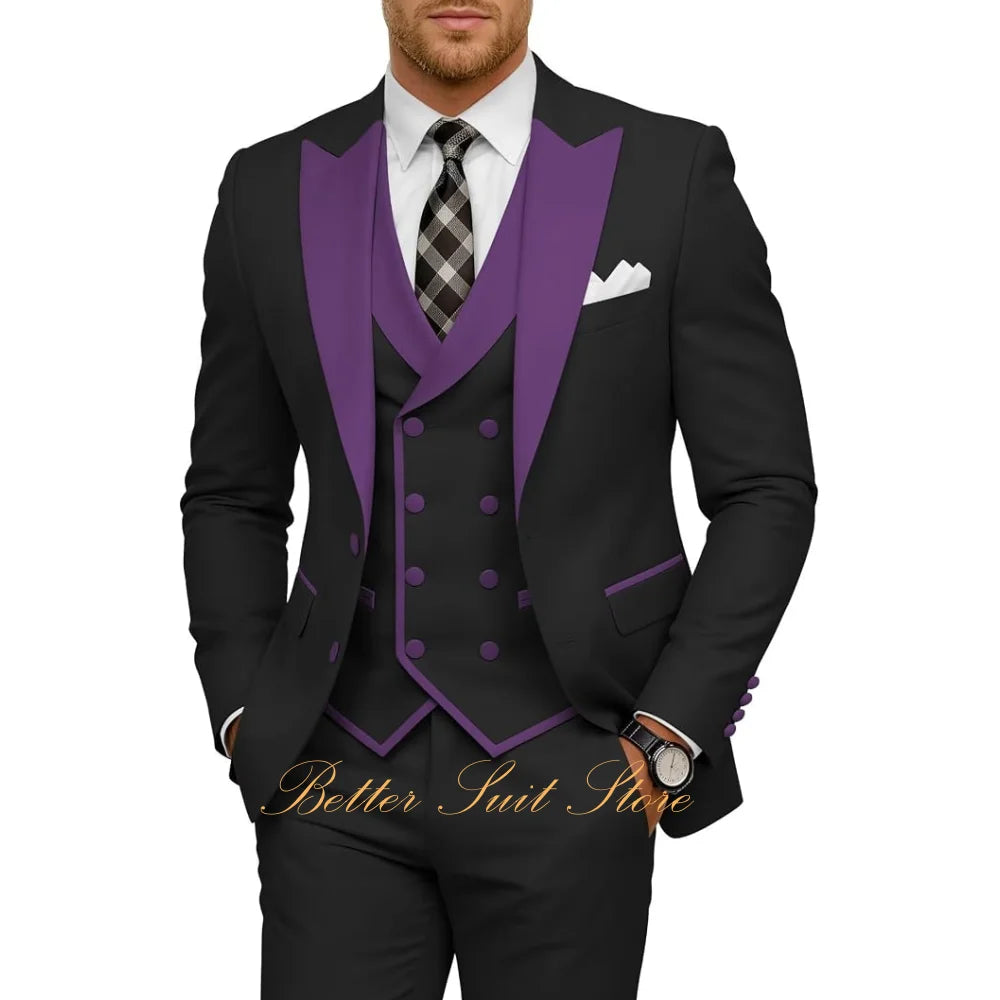 Fashion Men's Tuxedo 3 Piece Slim Fit Peak Lapel Jacket Vest Pants Set Formal Suits for Men Wedding Prom Dinner Men Suits