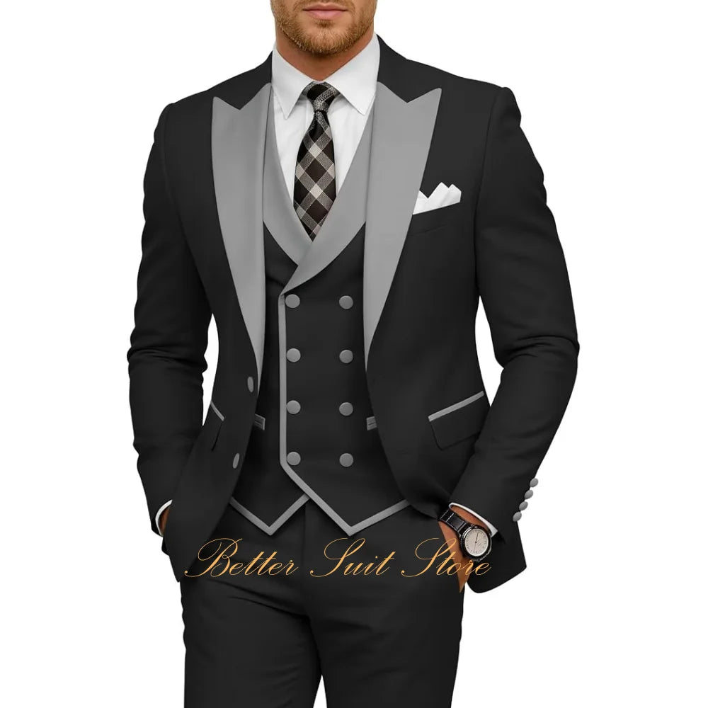 Fashion Men's Tuxedo 3 Piece Slim Fit Peak Lapel Jacket Vest Pants Set Formal Suits for Men Wedding Prom Dinner Men Suits