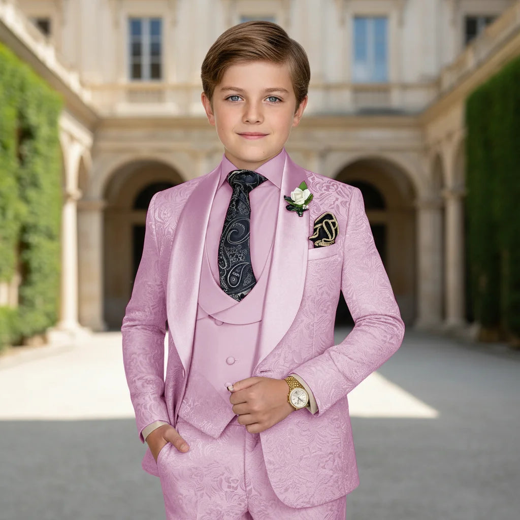 Elegant Boys Wedding Suits Italian Design Champagne Smoking Kids Tuxedo Jacket Vest Pants 3 Piece Party Prom Suits Set For Boy