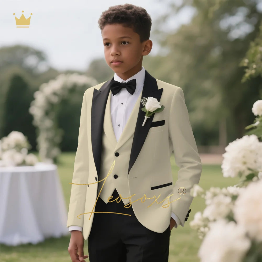 Boys' 3-Piece Tuxedo Suit Custom Tailored for Weddings - Elegant Design with Lapel and Vest, Perfect for Ceremony and Reception