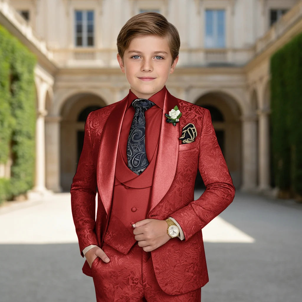 Elegant Boys Wedding Suits Italian Design Champagne Smoking Kids Tuxedo Jacket Vest Pants 3 Piece Party Prom Suits Set For Boy