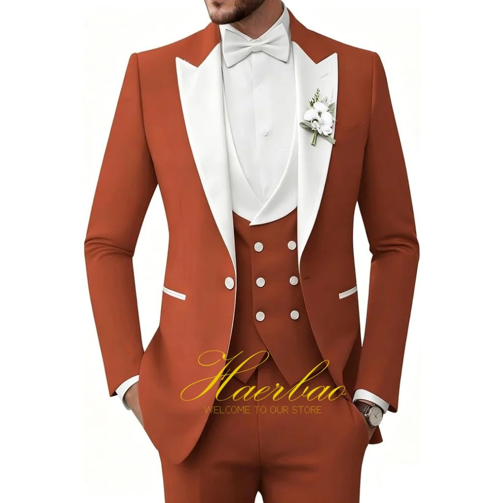 Wedding Tuxedo for Men 3 Piece Suits Slim Fit Double-Breasted Prom Men Tuxedos Satin Peaked Lapel Men's Suits