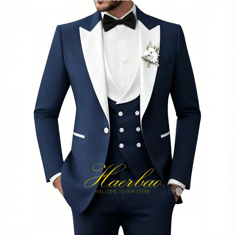 Wedding Tuxedo for Men 3 Piece Suits Slim Fit Double-Breasted Prom Men Tuxedos Satin Peaked Lapel Men's Suits