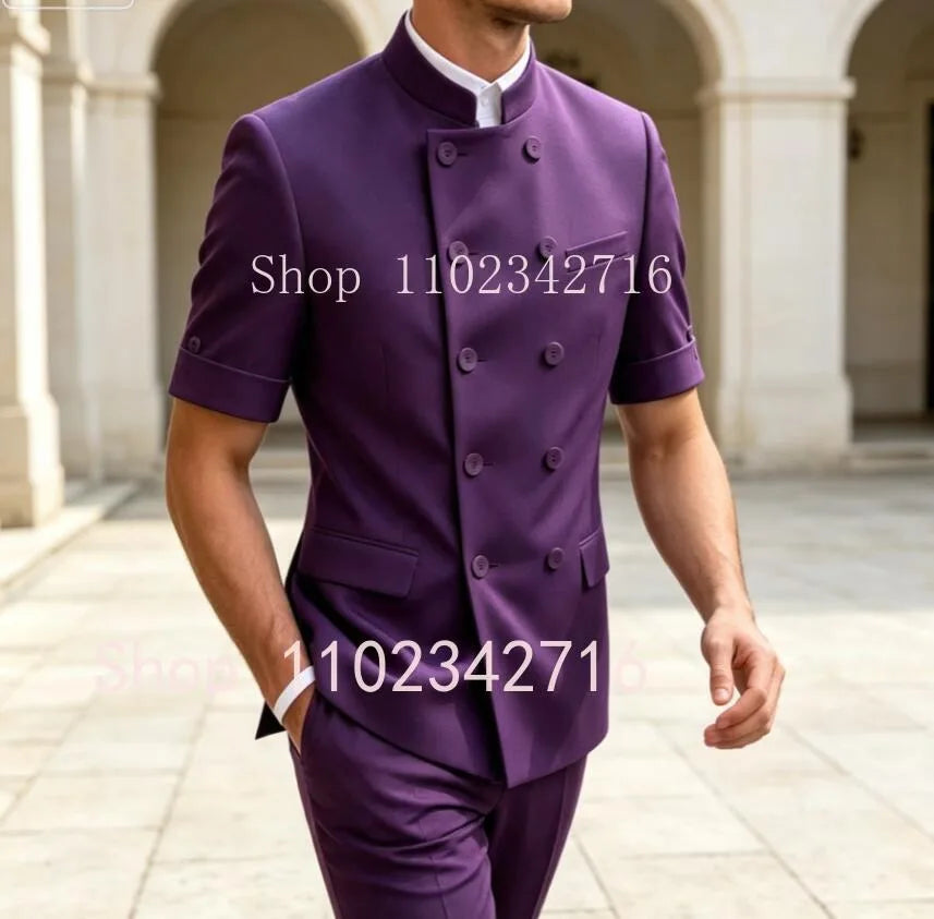 Latest Design 2 Pieces Tuxedo Wedding Suits for Men Short Sleeves Bespoke Groom Formal Fashion Male Suit Prom Party Blazer+Pants