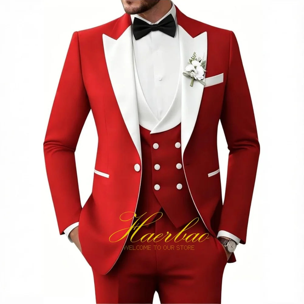 Wedding Tuxedo for Men 3 Piece Suits Slim Fit Double-Breasted Prom Men Tuxedos Satin Peaked Lapel Men's Suits