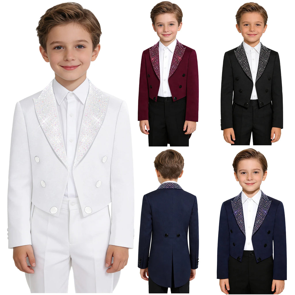Elegant Boys Tuxedo Tailcoat Lapel Rhinestone Long Sleeve Open Front Blazer Outerwear Jacket Gentleman Formal Party Wedding Suit