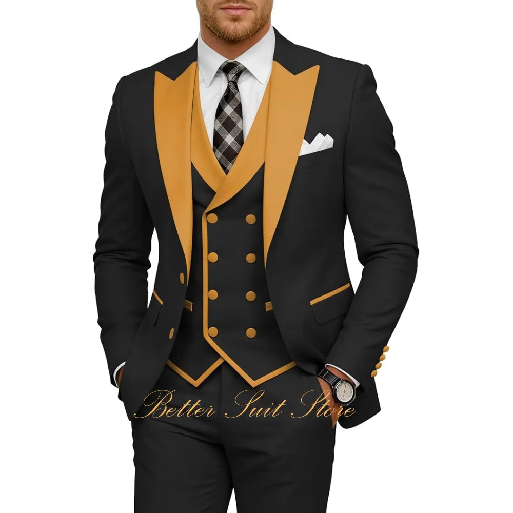 Fashion Men's Tuxedo 3 Piece Slim Fit Peak Lapel Jacket Vest Pants Set Formal Suits for Men Wedding Prom Dinner Men Suits