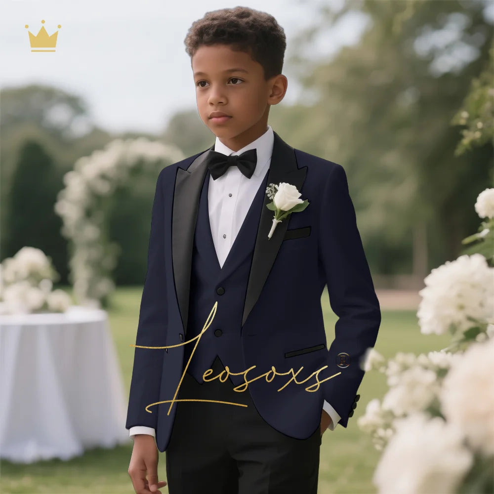 Boys' 3-Piece Tuxedo Suit Custom Tailored for Weddings - Elegant Design with Lapel and Vest, Perfect for Ceremony and Reception