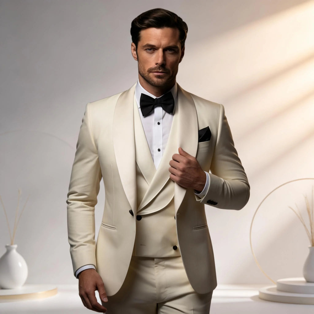 Elegant Ivory Tuxedo Suit for Men 3 Piece Set Jacket Vest Pants Classic Attire for Wedding Dating Host Prom Ball Party Dress