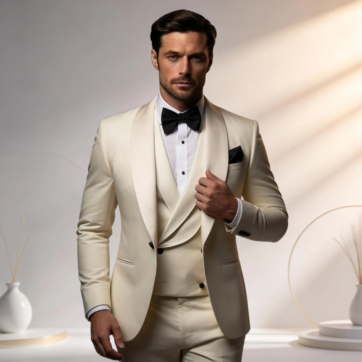 Elegant Ivory Tuxedo Suit for Men 3 Piece Set Jacket Vest Pants Classic Attire for Wedding Dating Host Prom Ball Party Dress