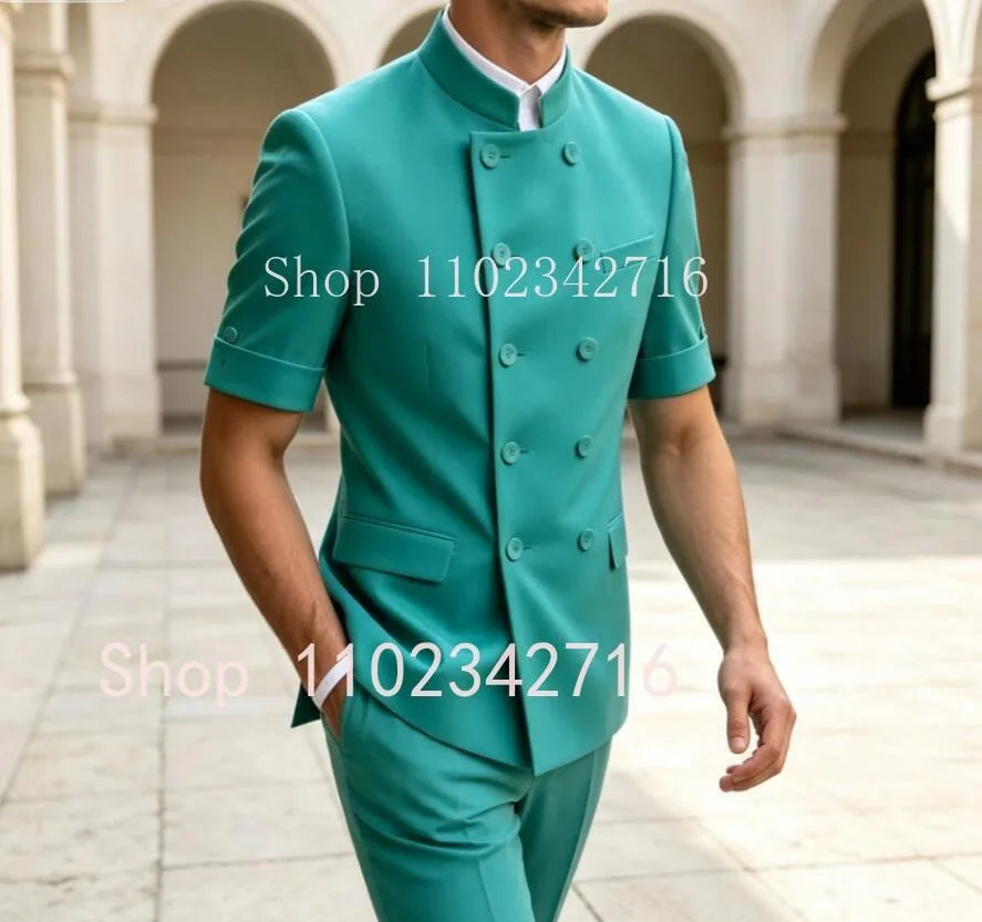 Latest Design 2 Pieces Tuxedo Wedding Suits for Men Short Sleeves Bespoke Groom Formal Fashion Male Suit Prom Party Blazer+Pants