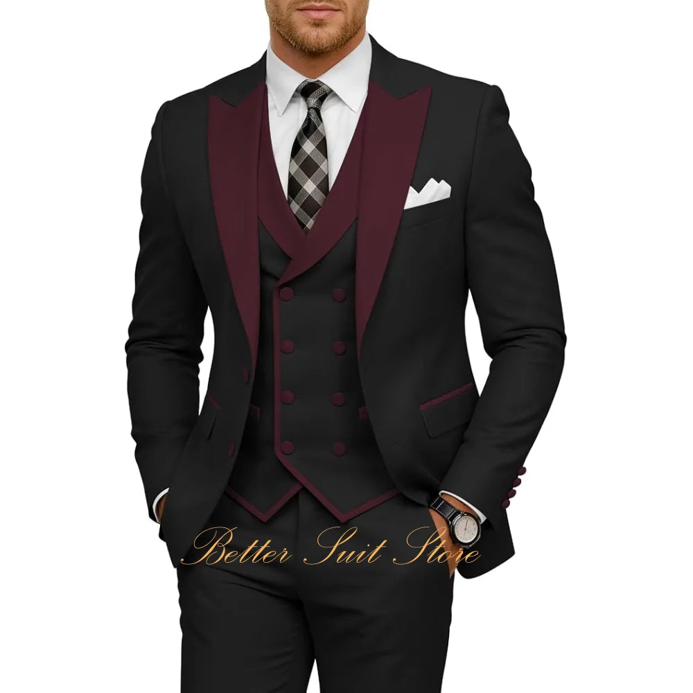 Fashion Men's Tuxedo 3 Piece Slim Fit Peak Lapel Jacket Vest Pants Set Formal Suits for Men Wedding Prom Dinner Men Suits
