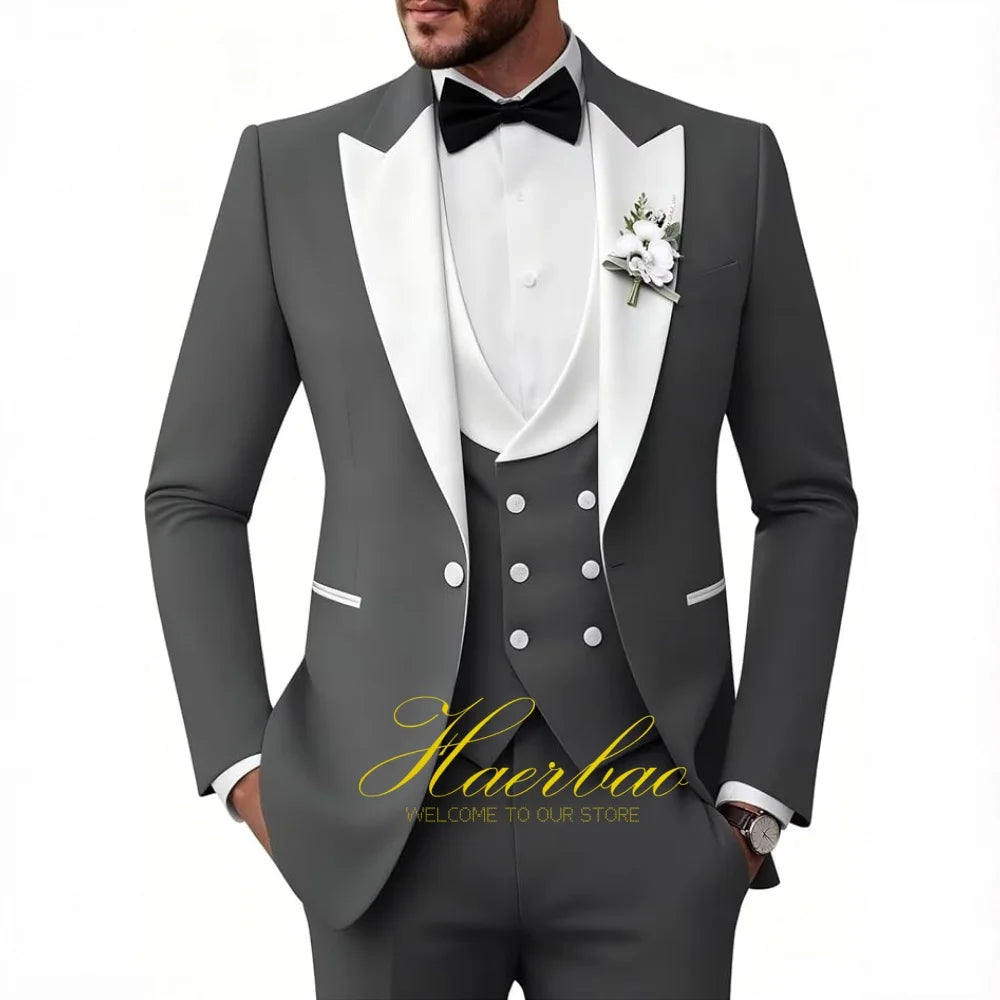 Wedding Tuxedo for Men 3 Piece Suits Slim Fit Double-Breasted Prom Men Tuxedos Satin Peaked Lapel Men's Suits