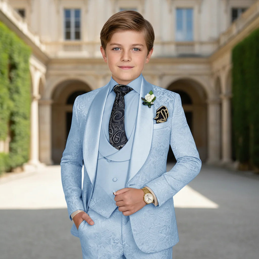 Elegant Boys Wedding Suits Italian Design Champagne Smoking Kids Tuxedo Jacket Vest Pants 3 Piece Party Prom Suits Set For Boy