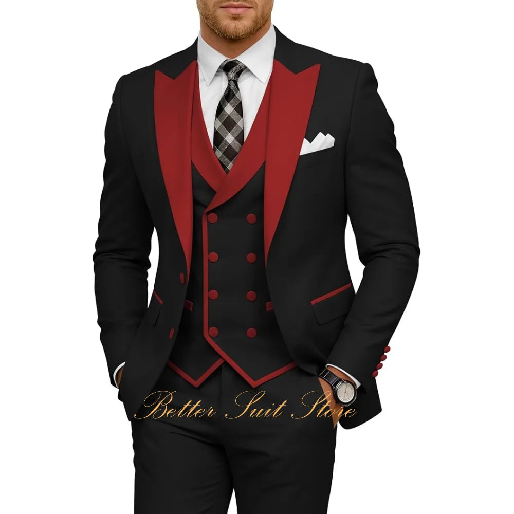 Fashion Men's Tuxedo 3 Piece Slim Fit Peak Lapel Jacket Vest Pants Set Formal Suits for Men Wedding Prom Dinner Men Suits