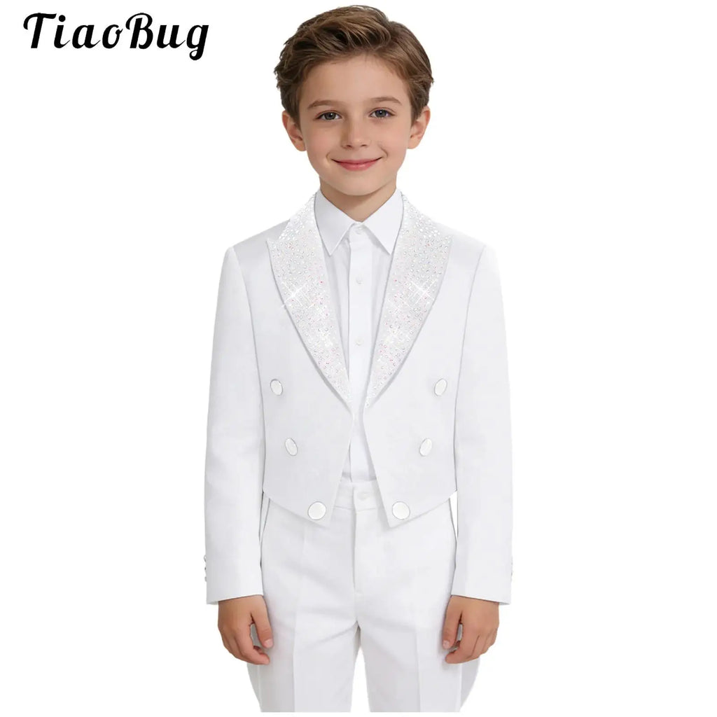 Elegant Boys Tuxedo Tailcoat Lapel Rhinestone Long Sleeve Open Front Blazer Outerwear Jacket Gentleman Formal Party Wedding Suit