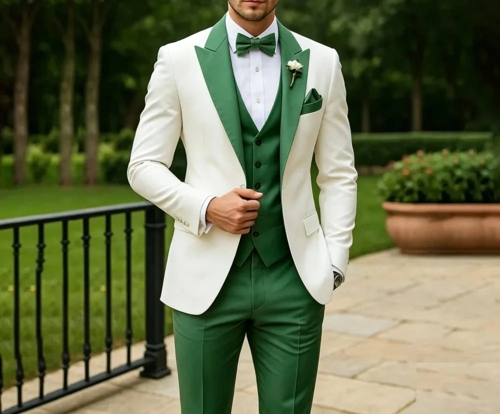3 Pieces Wedding Tuxedo for Groom Sage Green Slim Fit Formal Men Suits Elegant Blazer Vest Pants Set for Prom Party Ceremony