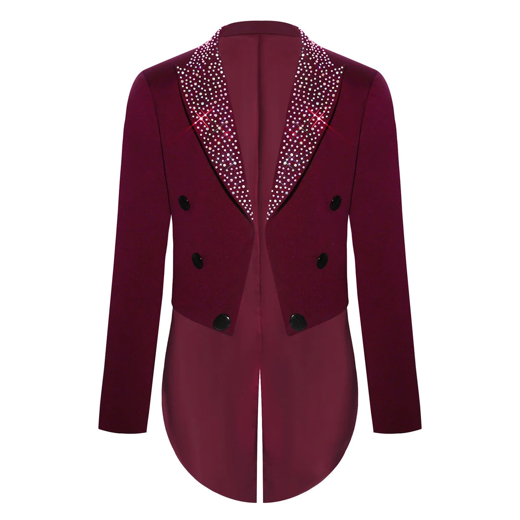 Elegant Boys Tuxedo Tailcoat Lapel Rhinestone Long Sleeve Open Front Blazer Outerwear Jacket Gentleman Formal Party Wedding Suit