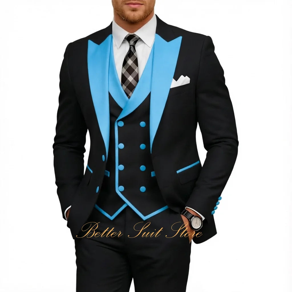 Fashion Men's Tuxedo 3 Piece Slim Fit Peak Lapel Jacket Vest Pants Set Formal Suits for Men Wedding Prom Dinner Men Suits