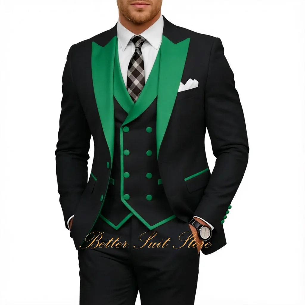 Fashion Men's Tuxedo 3 Piece Slim Fit Peak Lapel Jacket Vest Pants Set Formal Suits for Men Wedding Prom Dinner Men Suits