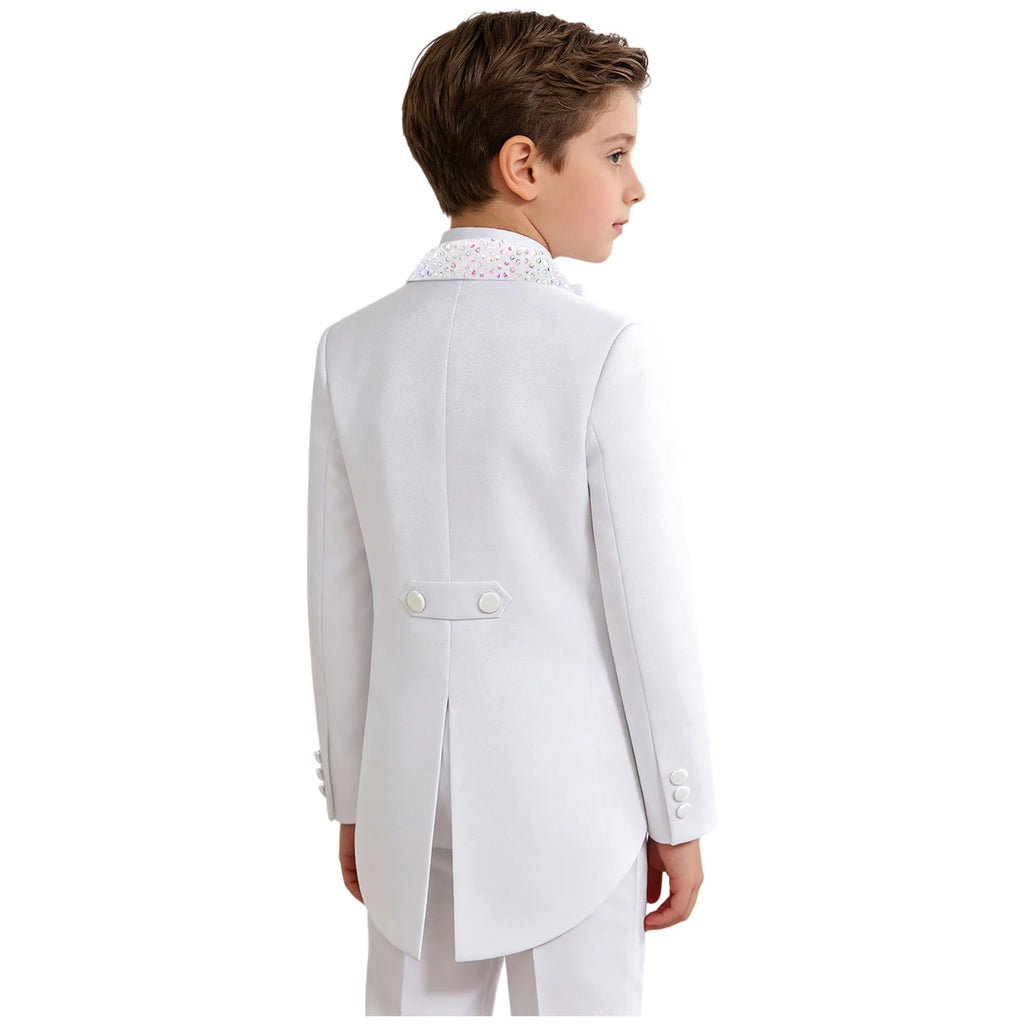 Elegant Boys Tuxedo Tailcoat Lapel Rhinestone Long Sleeve Open Front Blazer Outerwear Jacket Gentleman Formal Party Wedding Suit