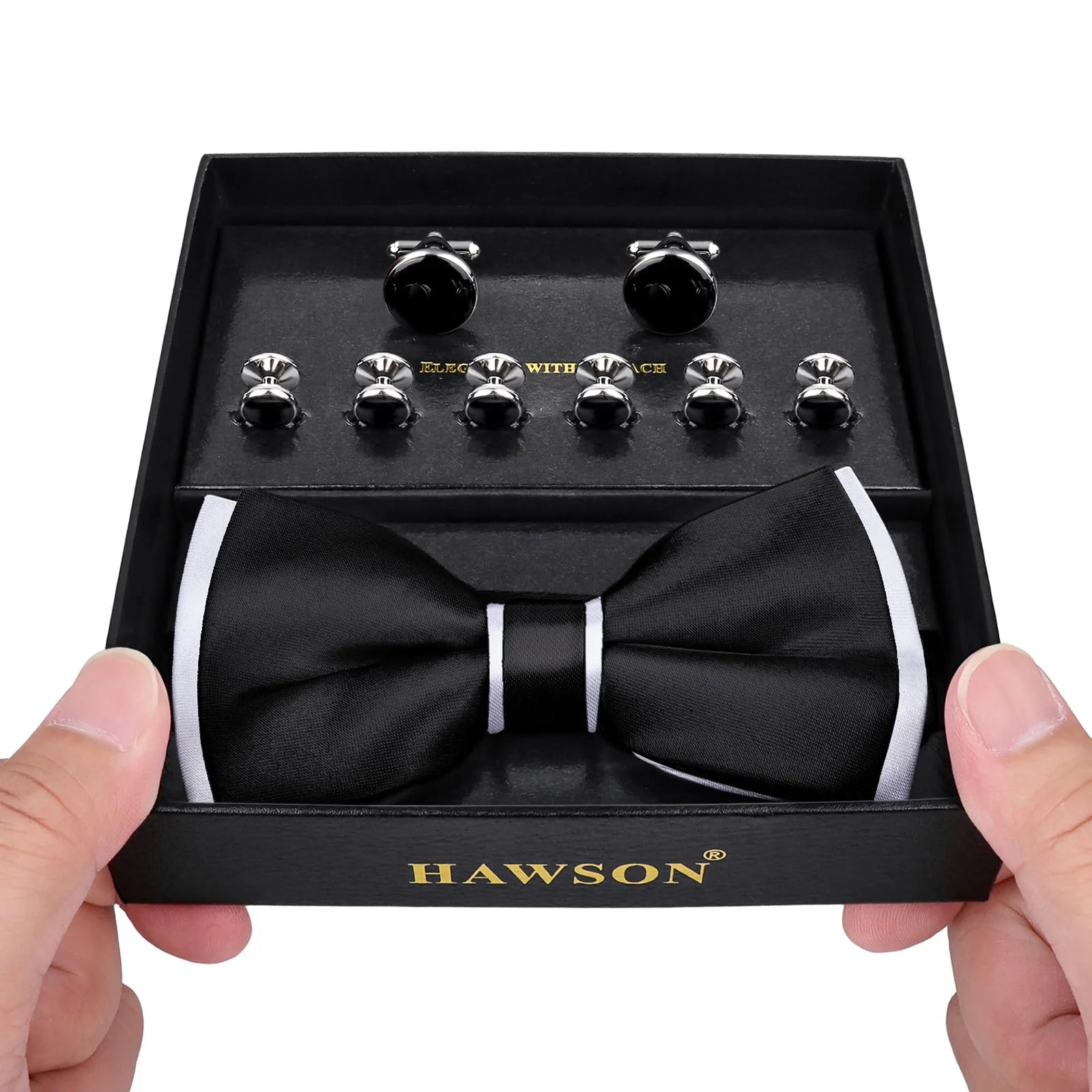 Classic design black bow tie and cufflinks and Studs set, men's silk tuxedo bow tie,for Father's Day,Anniversary and Bussiness.