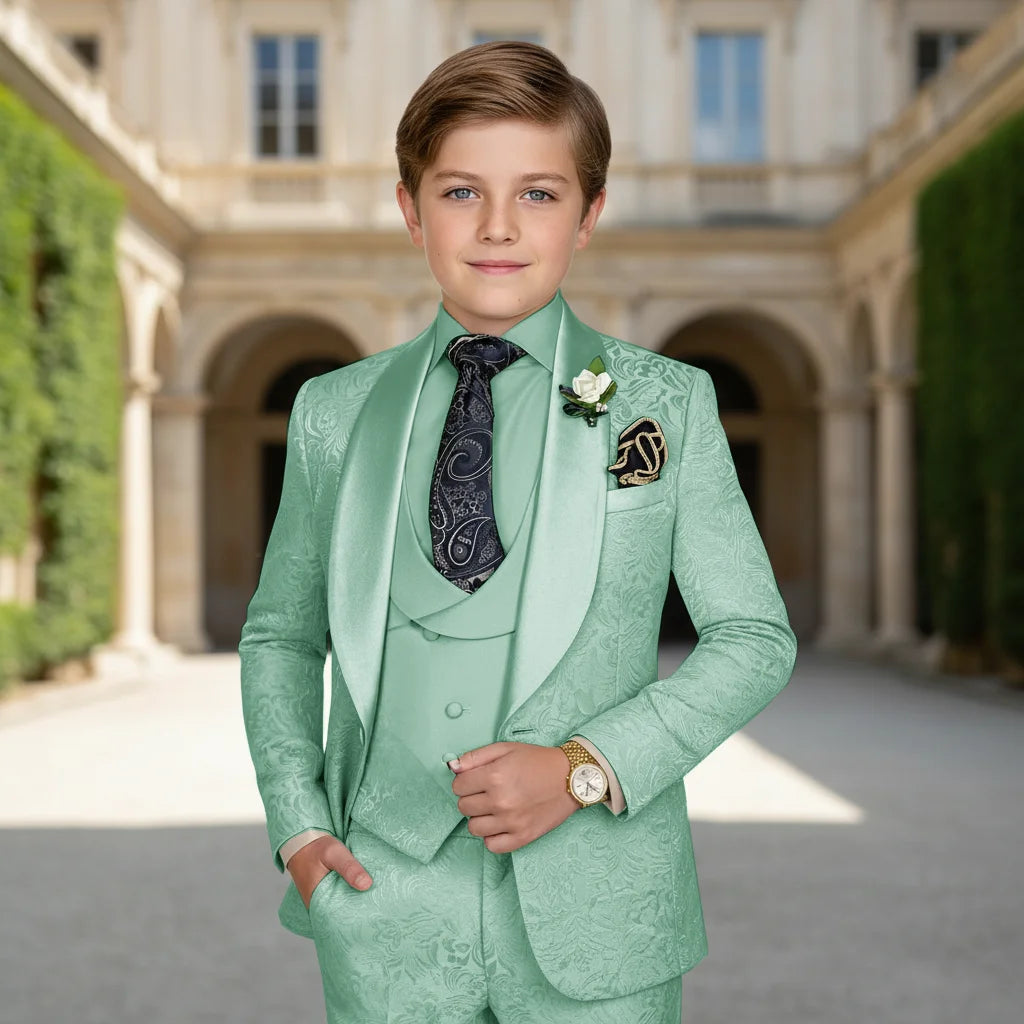 Elegant Boys Wedding Suits Italian Design Champagne Smoking Kids Tuxedo Jacket Vest Pants 3 Piece Party Prom Suits Set For Boy