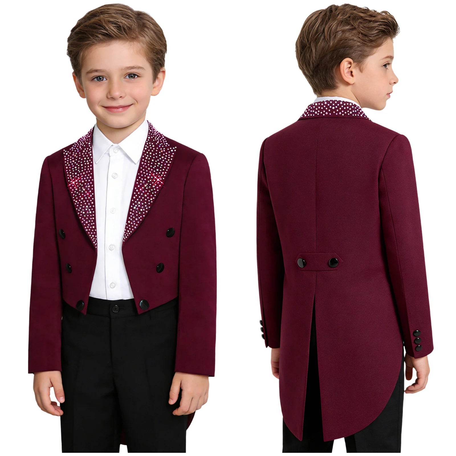Elegant Boys Tuxedo Tailcoat Lapel Rhinestone Long Sleeve Open Front Blazer Outerwear Jacket Gentleman Formal Party Wedding Suit