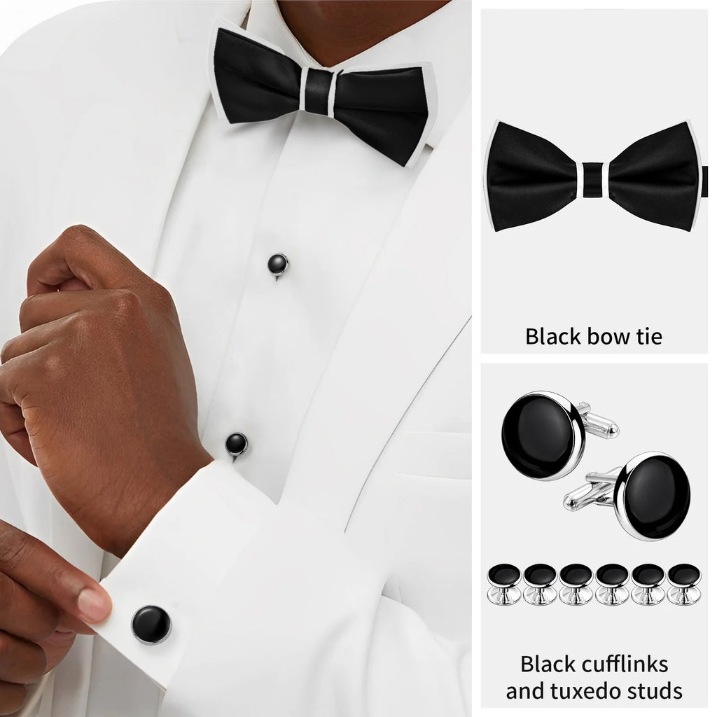 Classic design black bow tie and cufflinks and Studs set, men's silk tuxedo bow tie,for Father's Day,Anniversary and Bussiness.