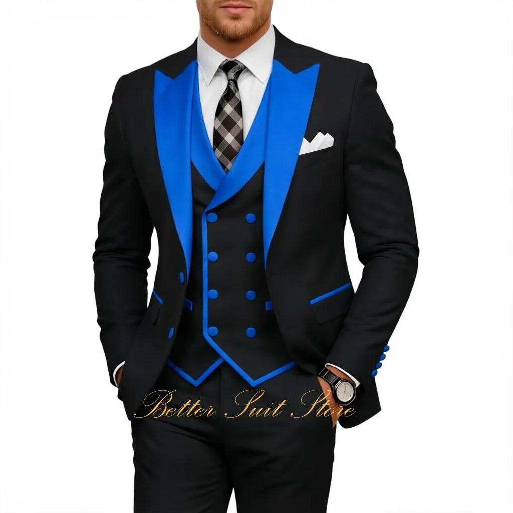 Fashion Men's Tuxedo 3 Piece Slim Fit Peak Lapel Jacket Vest Pants Set Formal Suits for Men Wedding Prom Dinner Men Suits