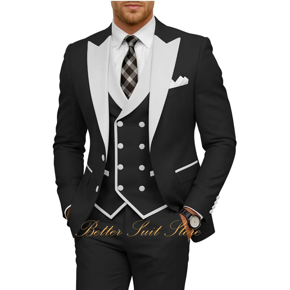 Fashion Men's Tuxedo 3 Piece Slim Fit Peak Lapel Jacket Vest Pants Set Formal Suits for Men Wedding Prom Dinner Men Suits