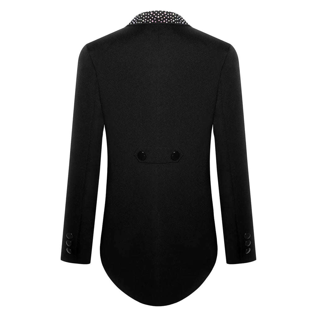 Elegant Boys Tuxedo Tailcoat Lapel Rhinestone Long Sleeve Open Front Blazer Outerwear Jacket Gentleman Formal Party Wedding Suit
