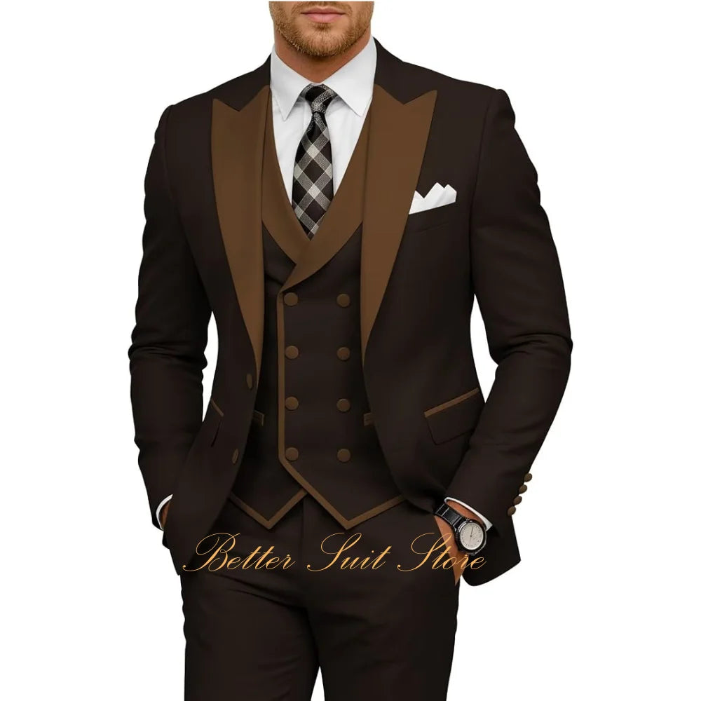 Fashion Men's Tuxedo 3 Piece Slim Fit Peak Lapel Jacket Vest Pants Set Formal Suits for Men Wedding Prom Dinner Men Suits